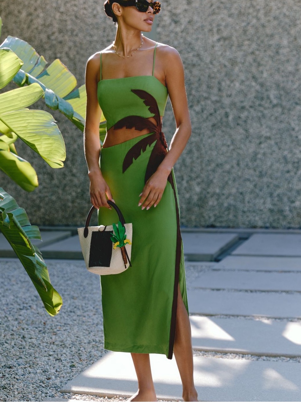 New FARM Rio Cutout Palm Tree Midi Dress